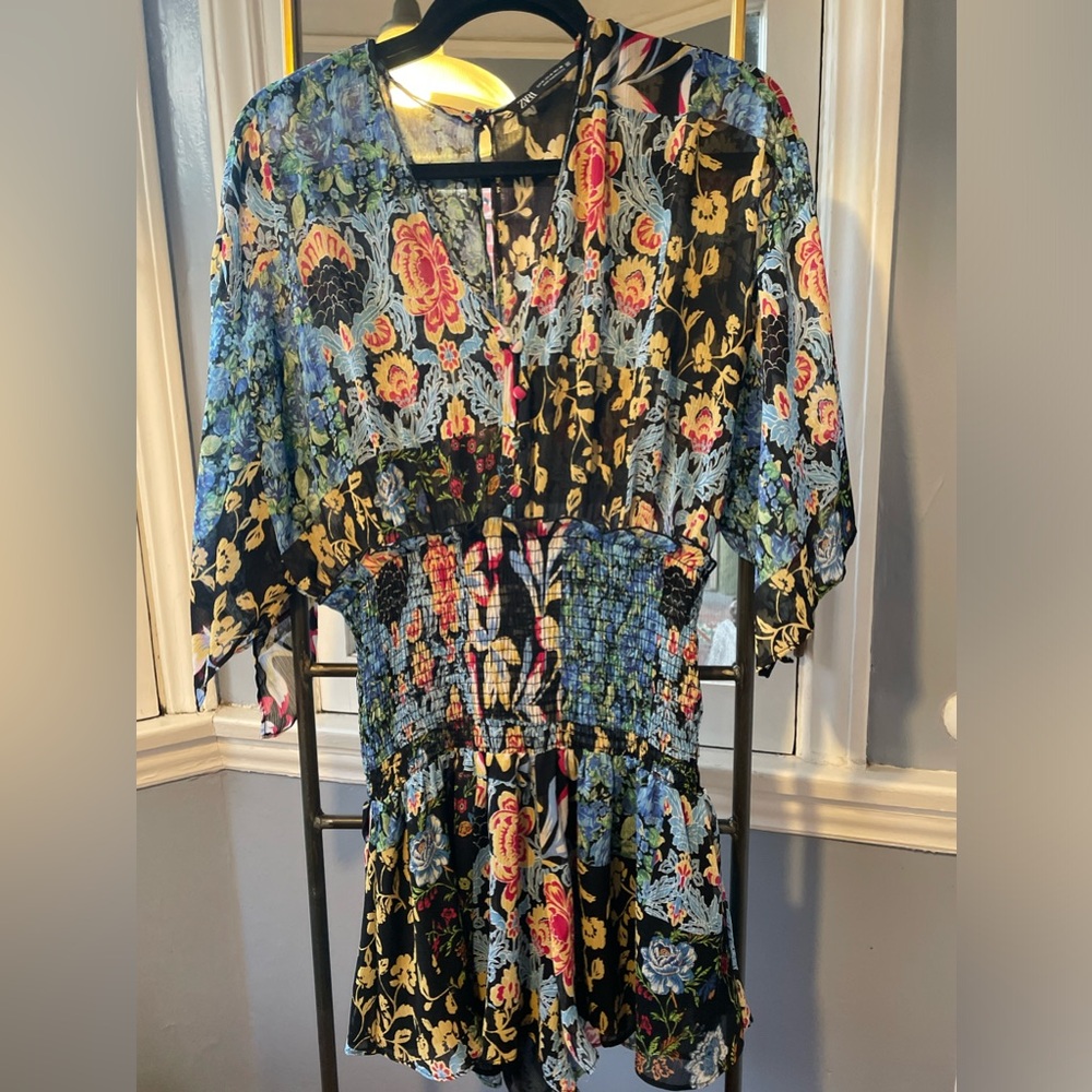 Zara multicolor smocked-waist romper, medium, worn once